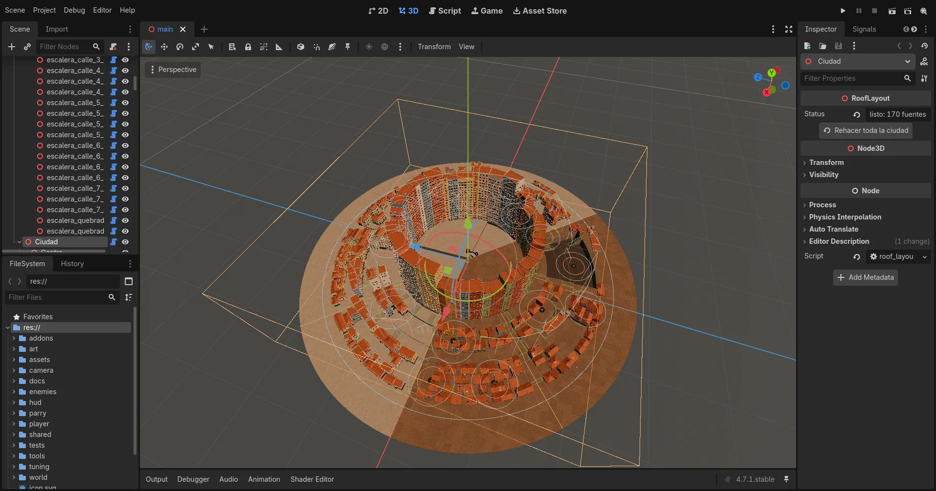 El editor de Godot con main.tscn abierto: el árbol de la escena a la izquierda, la ciudad en 3D al medio y el Inspector del nodo Ciudad a la derecha