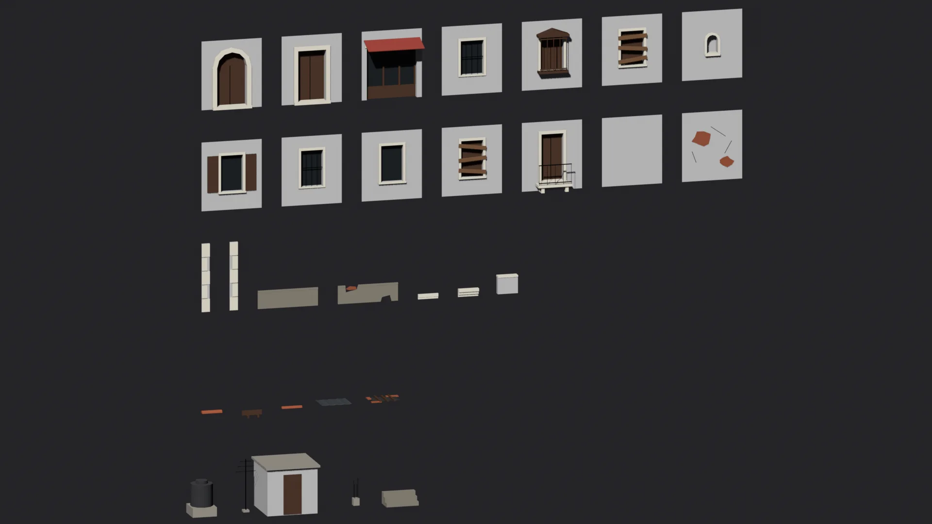 Las 31 piezas del kit colonial en Blender: celdas de planta baja y de pisos, esquinas, bandas, remates de techo y adornos de azotea