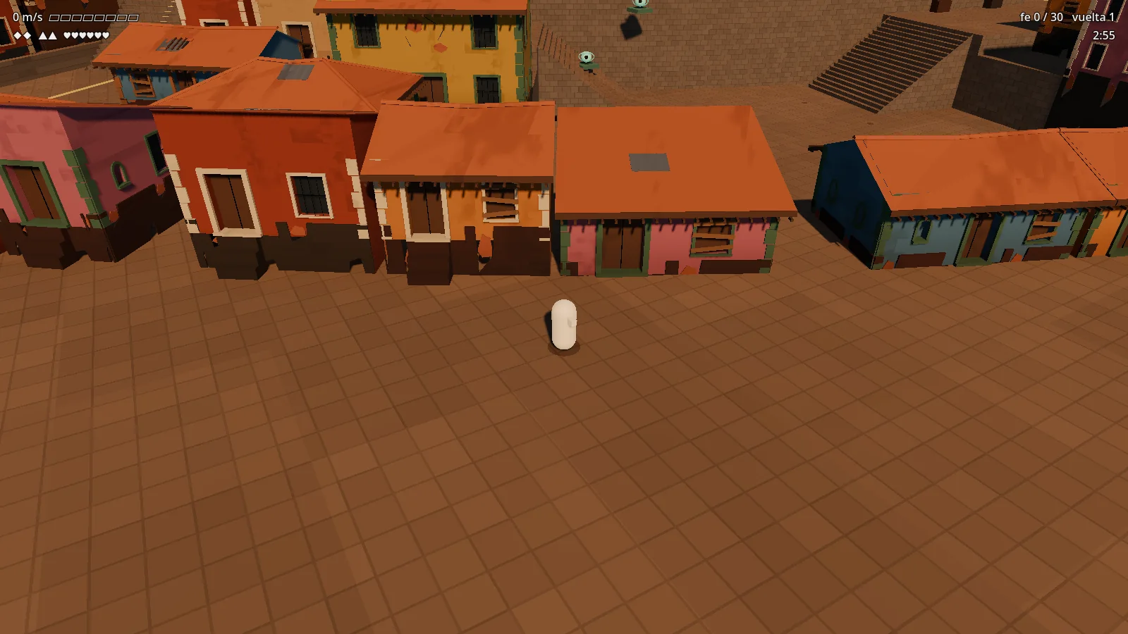 Casas gastadas en el juego, con sus zócalos bajando hasta el suelo